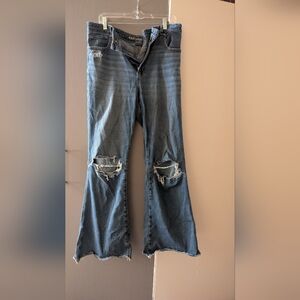 American Eagle Outfitters Blue Flare Jeans with Distressed Knees